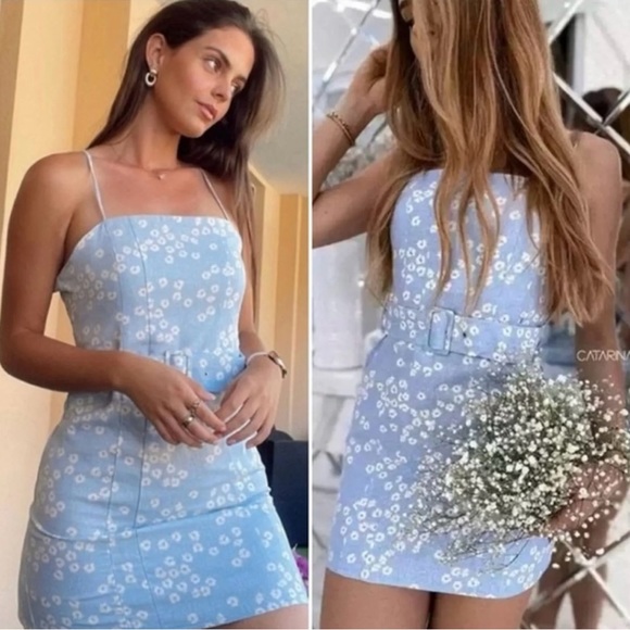 Zara Mini Dress Women’s M Floral Print Linen Blend Blue White Sleeveless - Picture 1 of 7